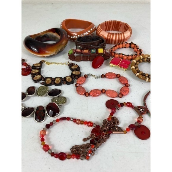 Boho Red Brown Orange Jewelry Lot Bracelets Bangles Necklaces Chunky Mixed Set - Picture 4 of 12